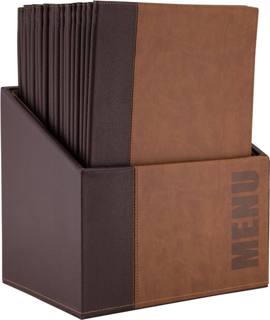 Bruine menubox met 'MENU' erop. Twee bruine menukaarten met donkerbruine reptielenhuid-randen.