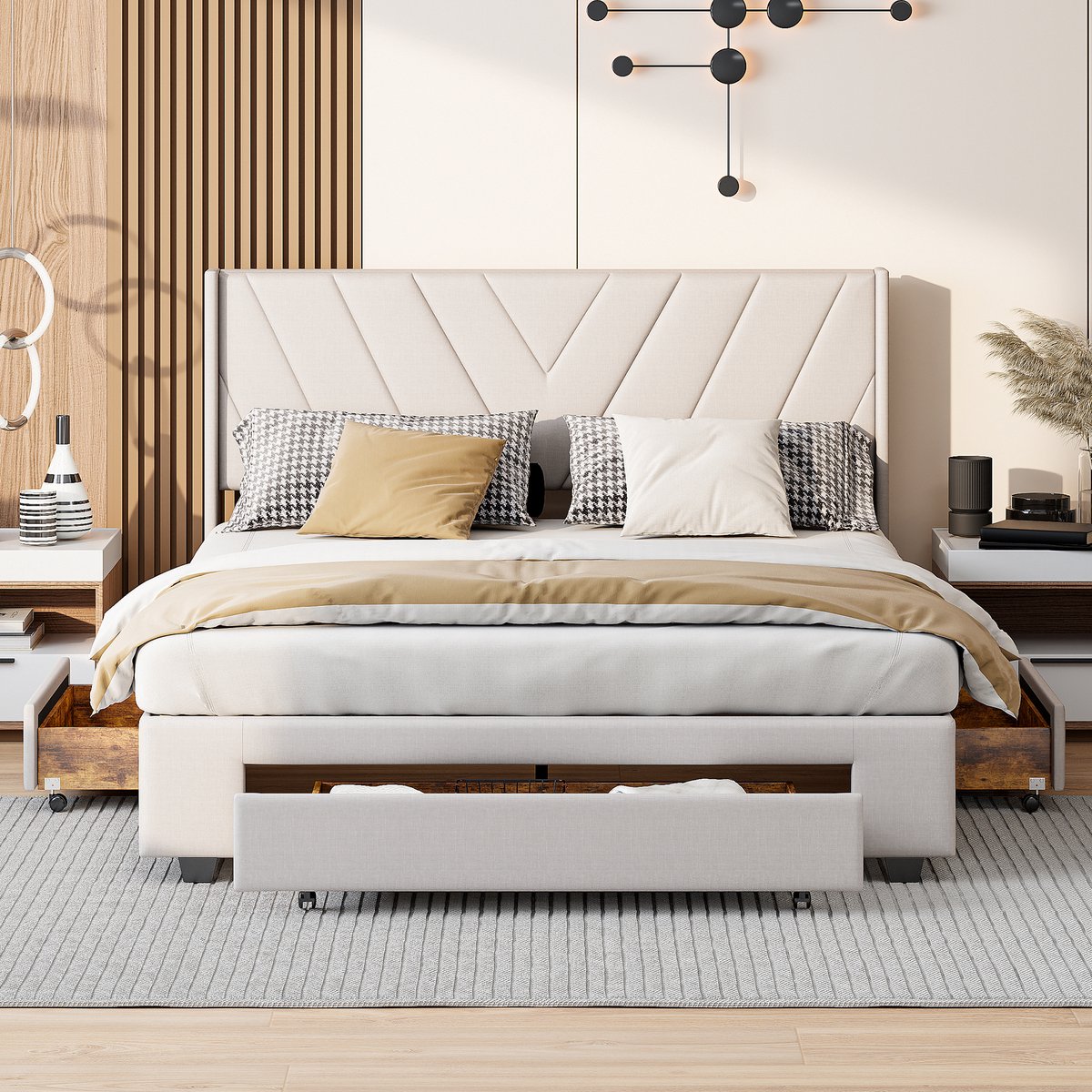 Tweepersoonsbed 160x200 cm, bed met 3 lades en geometrisch hoofdbord, gestoffeerd bed voor slaapkamer, linnen, beige, zonder matras