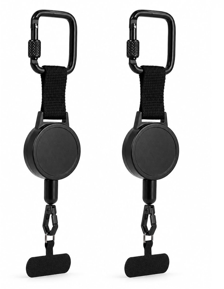 Namajunas - 2 stuks Smartphone Veiligheidskoord - Uittrekbaar koord - Zwart - Anti-Diefstal Telefoonkoord - Universeel Uittrekbare Kabel met Karabijnhaak - Telefoon Ketting - Telefoonaccessoires - Voor skiën, snowboarden en wandelen