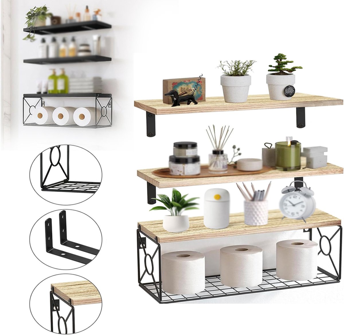 3 Zwevende Wandplanken Met Opbergmand - 100% Paulowniahout, Eenvoudig Te Installeren - Voor Badkamer Keuken Slaapkamer En Woonkamer - Onmisbaar Voor Studentenkamers - Natuurlijk Hout