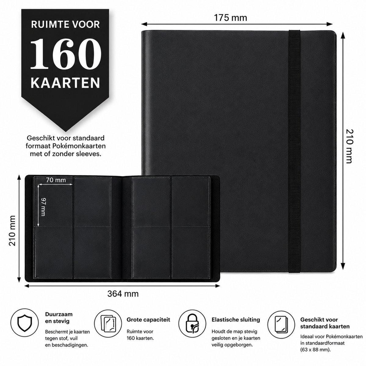 FSW-Products Pokémon Kaarten Verzamelmap – Kaartenmap voor 160 Kaarten – Geschikt voor Pokémonkaarten – Met Elastische Sluiting – Zwart