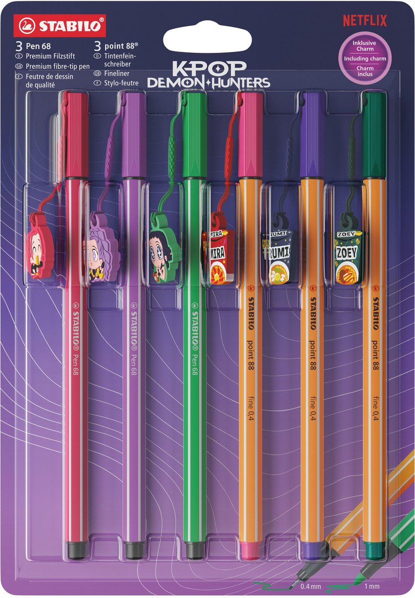 STABILO x KPop Demon Hunters Pen 68 & point 88 - Viltstift & Fineliner + KPop Charm - Blister Met 6 Stuks