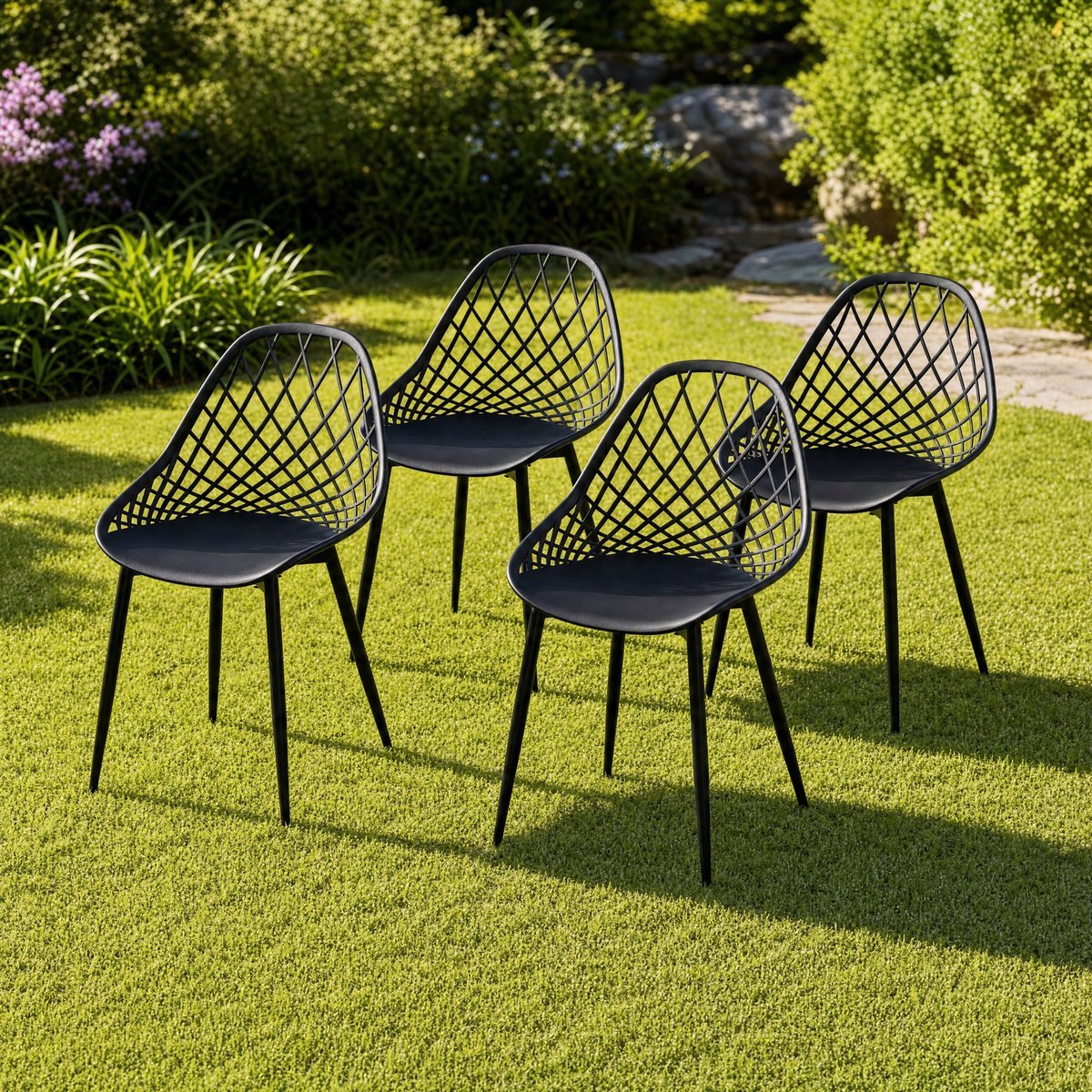 EGGREE Tuinstoelen Set van 4 - Opengewerkt Patroon PP-Metaal - Tuin - Terras - Balkon - Compact - Eetkamer - Zwart