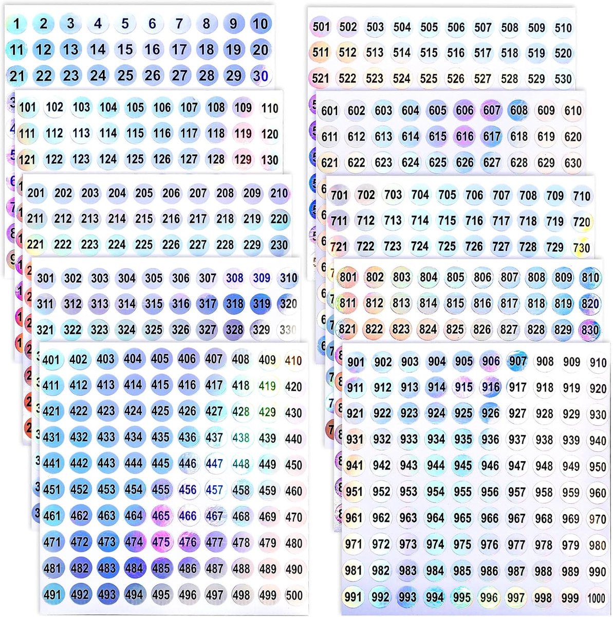 20 vellen zelfklevende genummerde etiketten van 1 tot 1000, reflecterende nummerstickers, waterdichte zelfklevende etiketten voor sorteren, opbergen, archiveren en schoolbenodigdheden