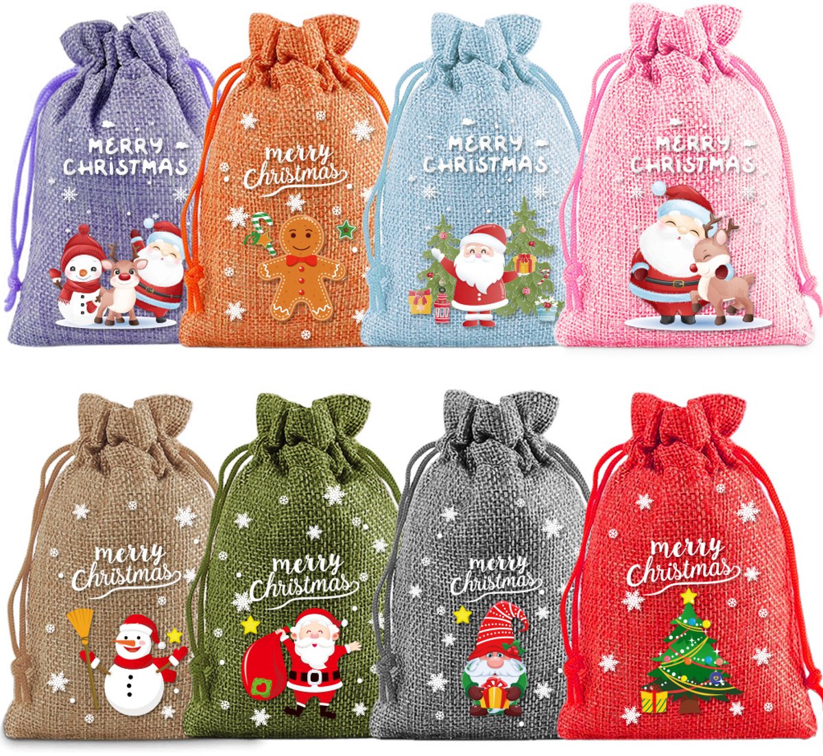 Kerst Cadeauzakjes – Jute Kerstzakjes met Trekkoord – Herbruikbare Snoepzakjes met Kerstprint – Feestelijke Geschenkzakjes voor Kinderen & Kerstdecoratie – 8 Stuks