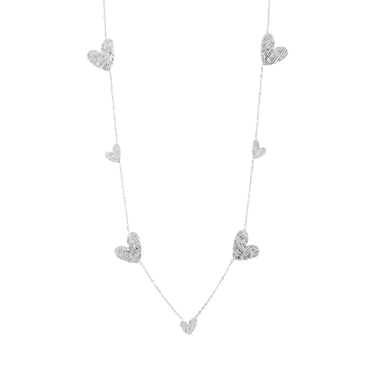 Minimalistische Lange Roestvrijstalen Ketting met Bewerkt Hartenmotief - Zilver