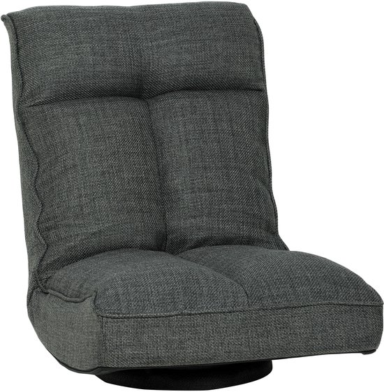 Siège de sol gris avec revêtement en tissu et base pivotante.