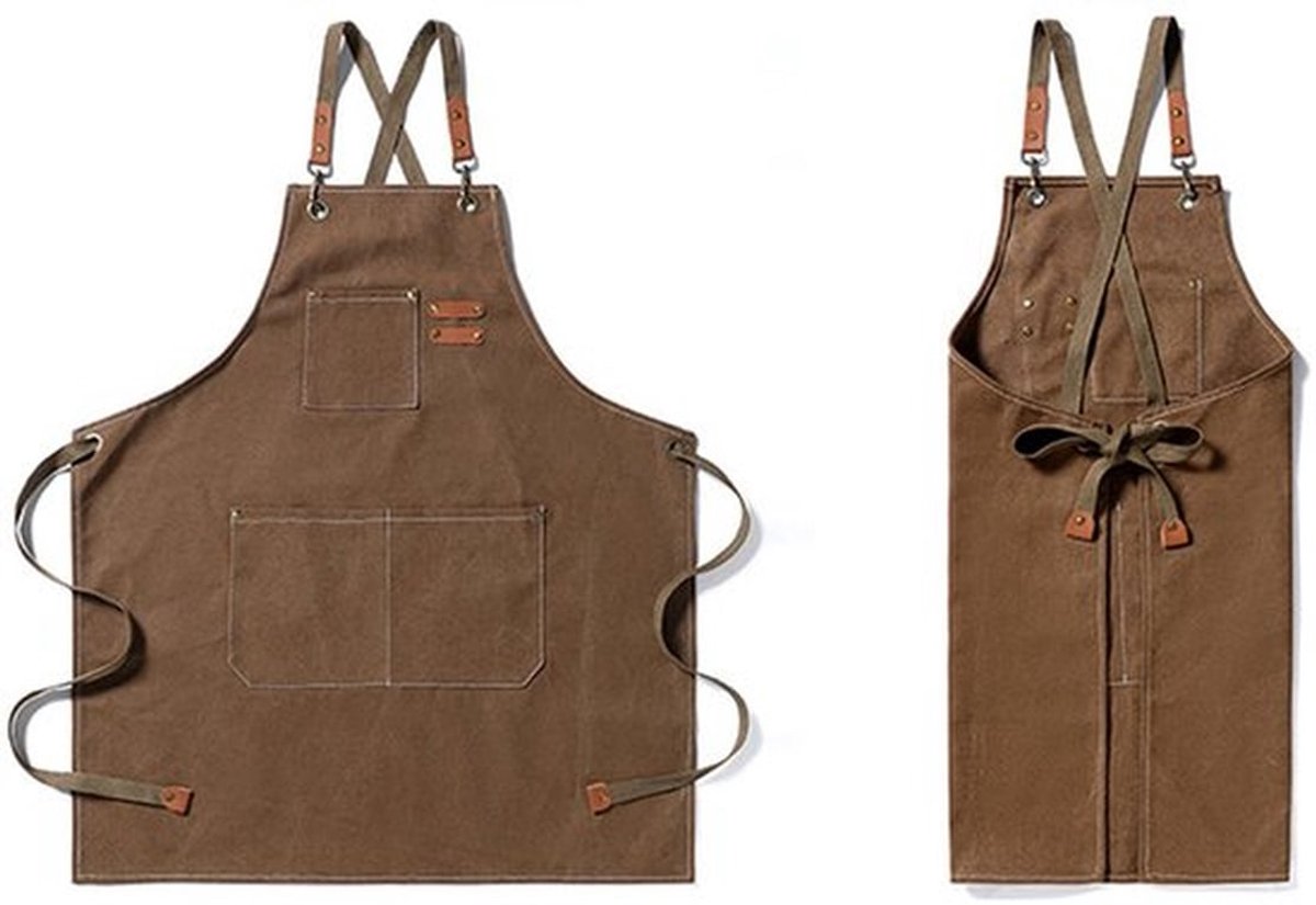 Canvas schorten - werkschorten voor mannen en vrouwen - kookschorten met verstelbare band en 3 zakken - schort voor serverkeuken koken bakken kunstenaar schilderen - Geschikt voor Barbecue, Koken en Grillen - kruisrug - 1 stuk - Khaki