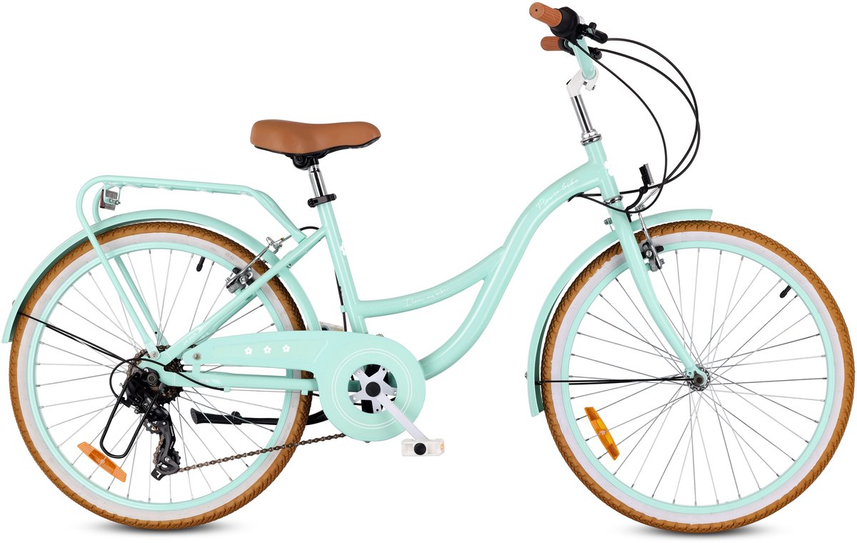 SUN BABY FLOWER BIKE RETRO Kinderfiets 24 inch, Fiets voor een meisje 24" - 7 versnellingen, stalen frame, V-brakes, spatborden, kettingkast, verlichting, bel, verstelbaar - Mint