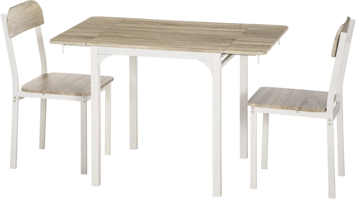 3-delige Eettafelset 110 x 70 x 75 cm, Naturel/Wit, Klaptafel met 2 Stoelen, Opklapbare Eettafel, Keukentafel, Eetkamerstoelen, Ruimtebesparende Eetgroep, Tafel voor Kleine Ruimtes, Compact en Praktisch
