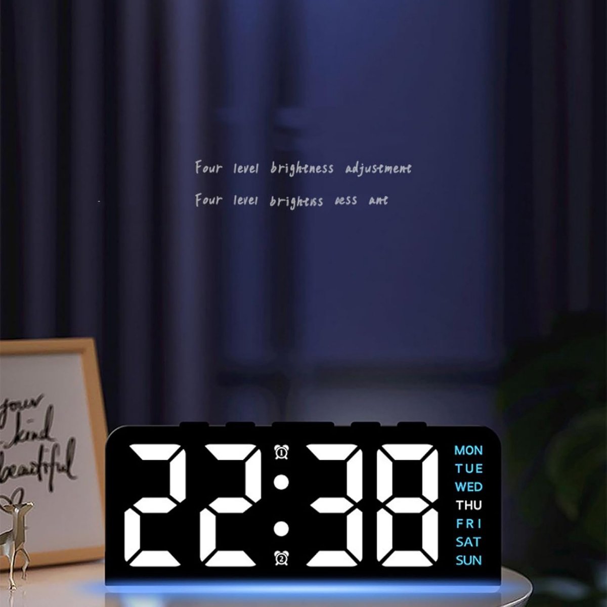 Multifunctionele LED‑wekker met instelbaar kleurnachtlicht, snoozefunctie en dimmer, modern design van 6,3 inch, zwarte behuizing met blauw licht, voor slaapkamer, kantoor en kinderkamer