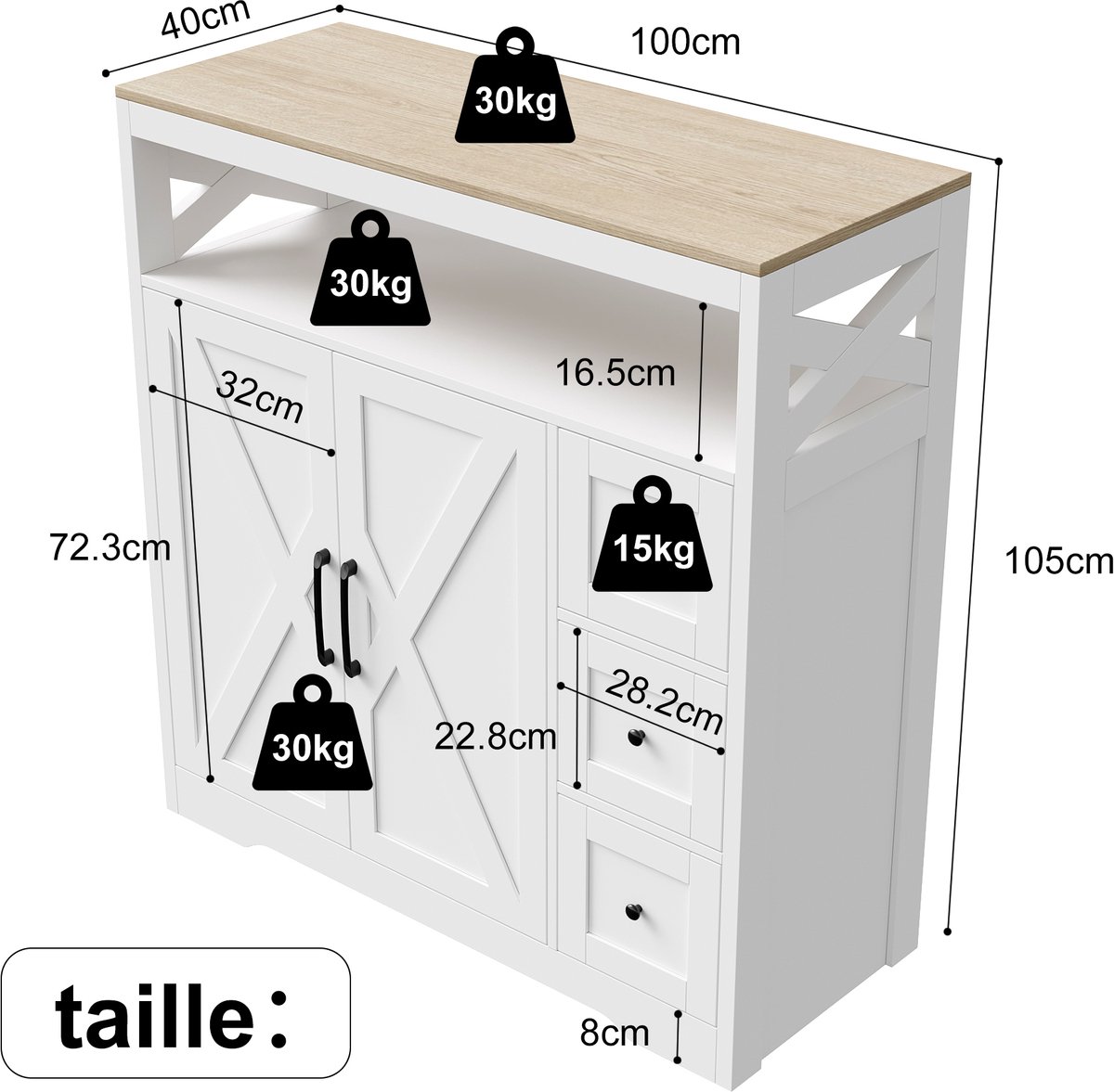 Keukenkast met 3 Lades en 2 Seuren, Dressoir met Open Planken, Verstelbare Planken, Dressoir met Werkblad, Geschikt voor Woonkamer en Eetkamer, 100x40x105 cm, Wit