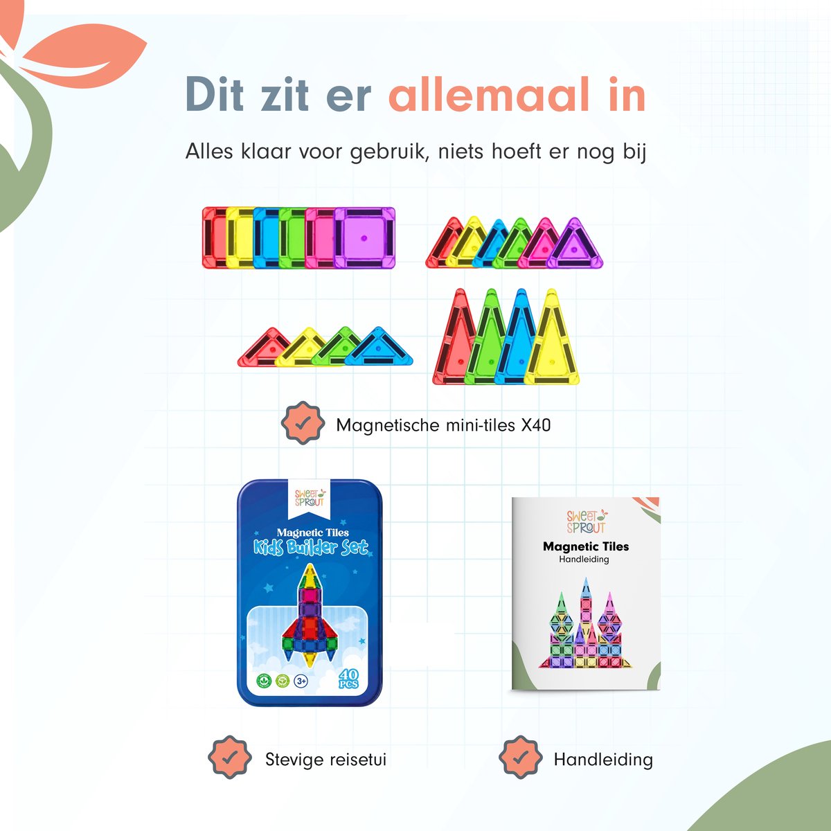 Magnetic Tiles mini - Travel set - 40 stuks - Magnetische tegels - Speelgoed - Magneet tegels - Montessori - Bouwstenen - Constructiespeelgoed - Met 2 Magna poppetjes — cadeau in Spellen & Speelgoed - foto 7