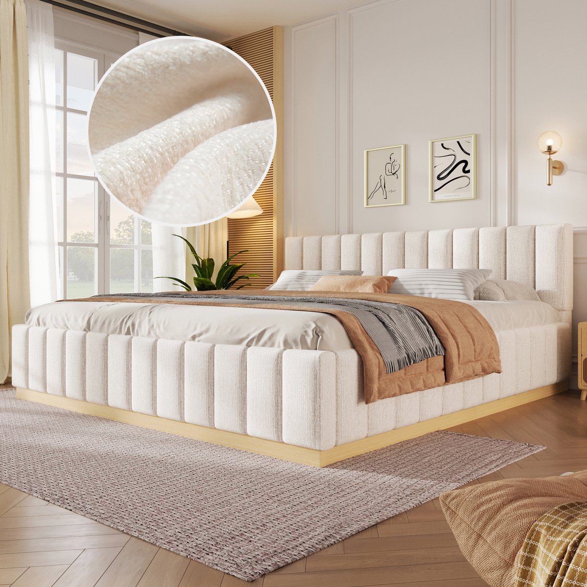 Gestoffeerd Bed 180x200 cm - Met Glijbaan - Met Hoofdeinde - Incl. Lattenbodem - Beige
