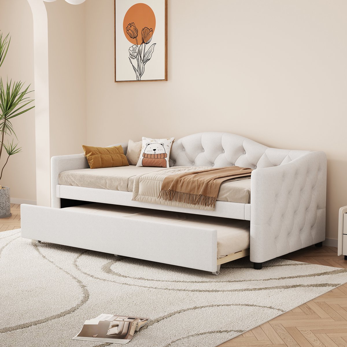Dagbed 90x200 cm - Uittrekbaar - Sprookjesdesign - Beige