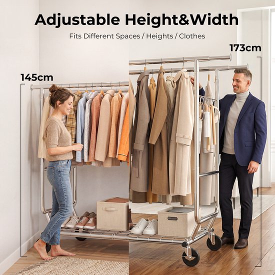 Man en vrouw naast een verstelbaar kledingrek, 145cm en 173cm hoog. Veel jassen erop.
