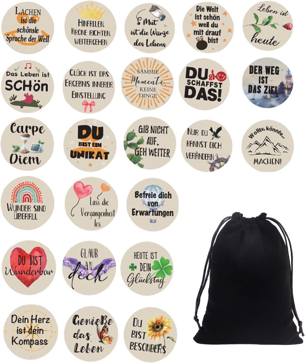 Kleurige Geluksbrengers - Zwart - Diameter 40 mm - Houten Mini-Souvenirs met Inspirerende Citaten - Voor Cadeaus en Tafeldecoratie
