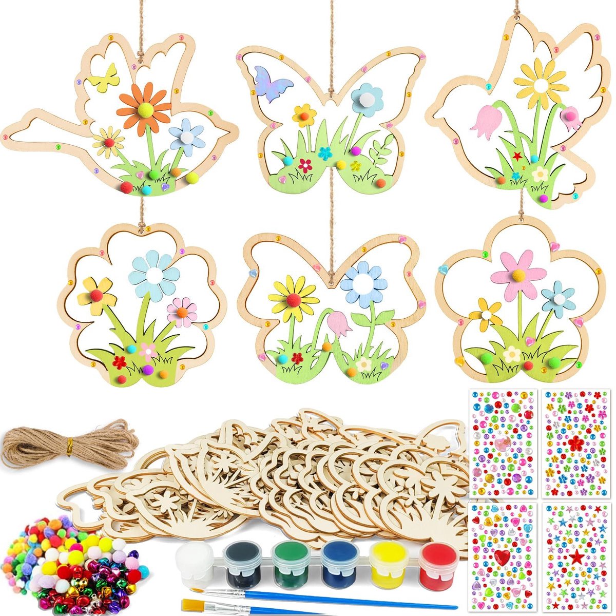 Claoner Houten hangers - 24 stuks - Vlinders vogels bloemen - Met jute touw - DIY kunstprojecten - Huisdecoratie