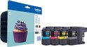 Brother LC123 inktcartridges: cyaan, magenta, geel en zwart. De verpakking toont een cupcake met paarse botercrème en gekleurde hagelslag.
