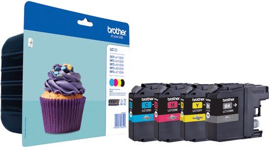 Brother LC123 inktcartridges: cyaan, magenta, geel en zwart. De verpakking toont een cupcake met paarse botercrème en gekleurde hagelslag.
