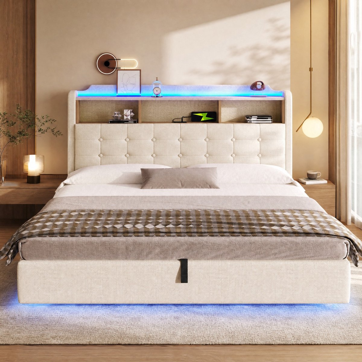 Gestoffeerd Bed 180x200cm Zonder Matras Met LED Lichtlijst En Hydraulische Opbergruimte Met USB En Type C Beige Stof En MDF