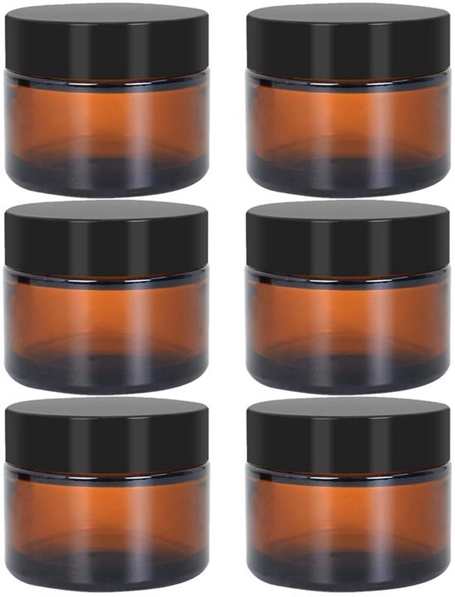 Crèmepotjes 6 x 50 ml - Glazen Potjes - Cosmetica Containers - Duurzaam - Bruin Glas - Deksel voor Hygiënische Opslag - Cosmeticapotjes