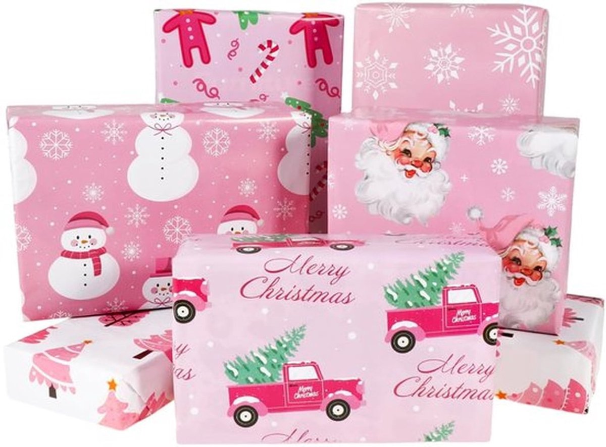 Kerst Inpakpapier 12 Vellen - Roze Cadeaupapier - Kerstboom/Sneeuwpop - Peperkoek/Sneeuwvlok - Vrachtwagen/Snoepjes - Recycleerbaar 70x50cm
