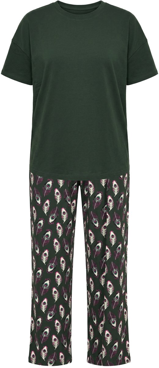 Studio Untold - Dames - Pyjama tweedelig effen shirt lange broek met print - Donkerolijf - Maat 54+