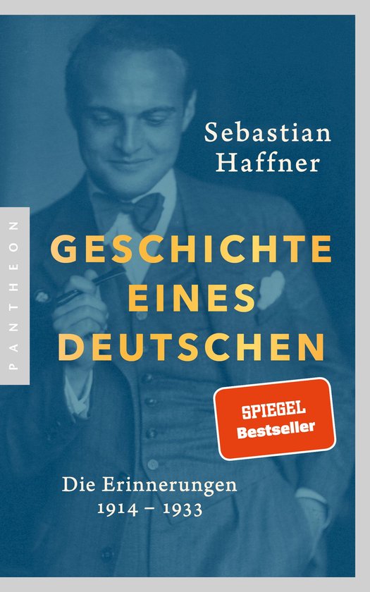 Boekomslag met een zwart-witfoto van Sebastian Haffner in pak met strikje. Titel: "Geschichte eines Deutschen".