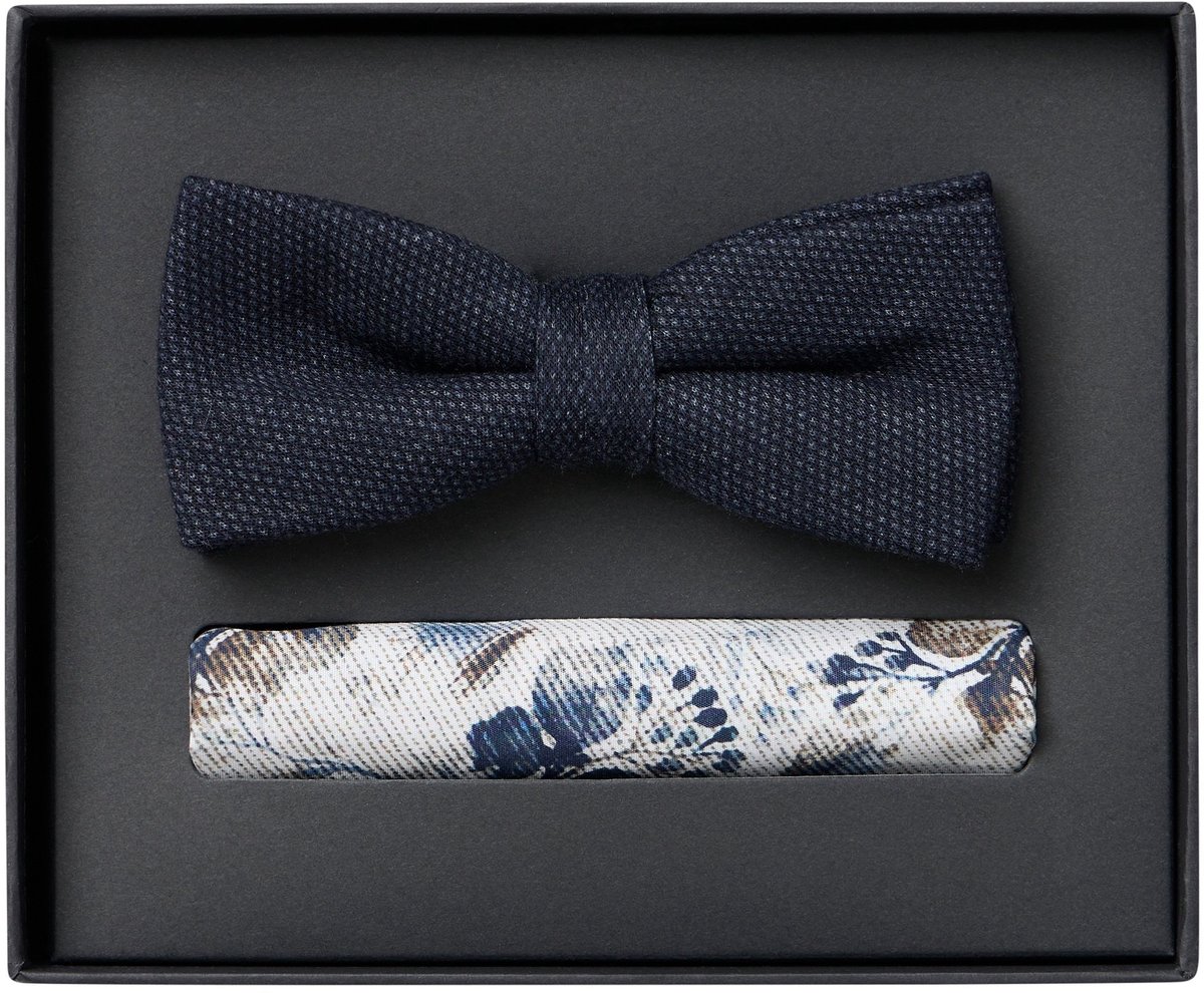 VENTI set met vlinderdas en pochet - donkerblauw - wit - bruin dessin