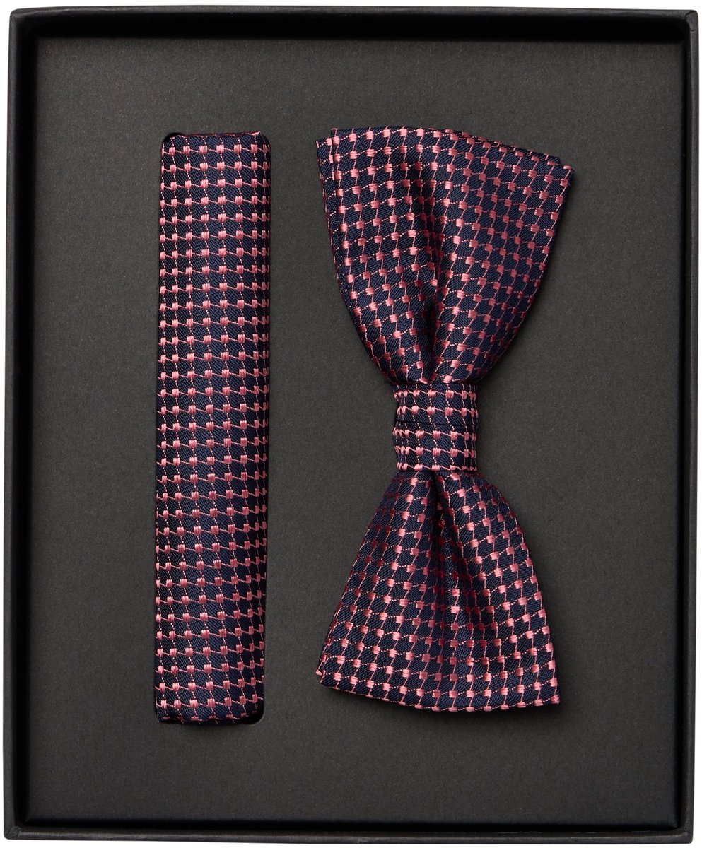 VENTI set met vlinderdas en pochet - donkerblauw - roze dessin