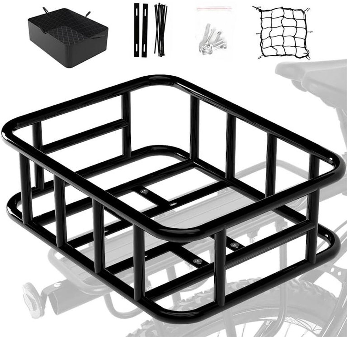 KZQ Fietsmand - Grote fietsmand voor achterop - Grote metalen fietsmand - Rugzak voor achterop - Met bagagenet en voering - Geschikt voor de meeste fietsen en e-bikes