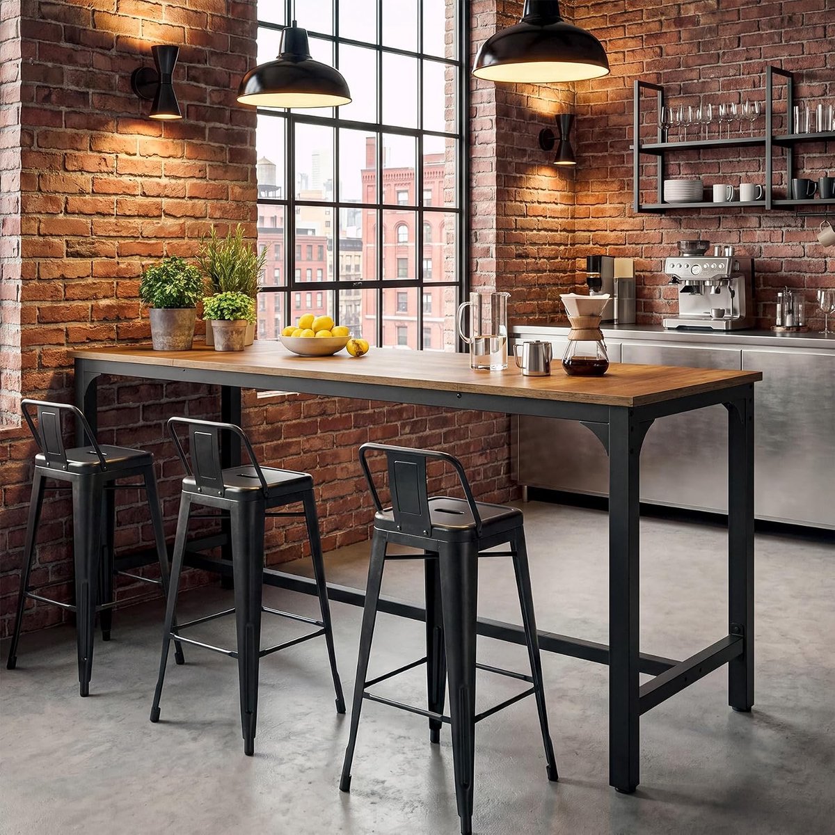 Tribesigns Lang Bartafel – Industrieel Bartafel - 180 x 70 x 92 cm - Houten Bistrotafel met Metalen Voetsteun voor Dineren, Koffie Drinken - Bruin & Zwart (Alleen Tafel)
