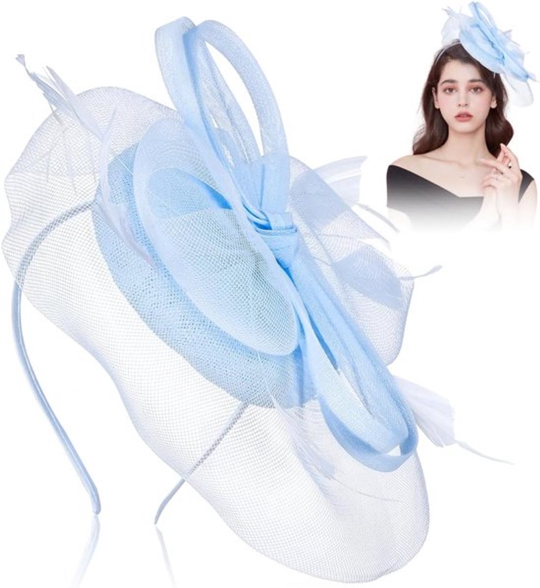 Lichte Blauwe Haaraccessoires van Veren en Gaas, Fascinators en Hoofdbanden voor Vrouwen, Elegante Hoeddecoraties en Modeaccessoires