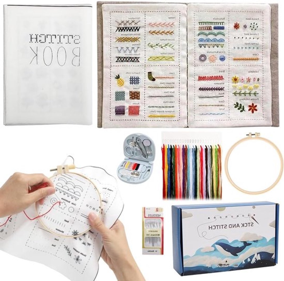 Complete Borduurset voor Beginners en Volwassenen met Geprint Stof, Houten Borduurring, Borduurgaren en Naalden voor Creatieve Borduurprojecten en Kruissteekwerk Thuis