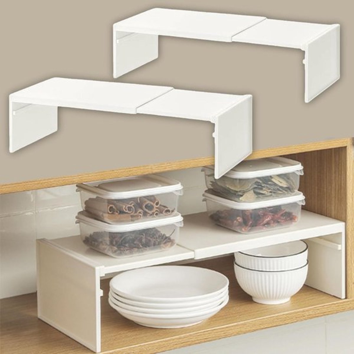 Set van 2 Keuken Plank Organizers, Opbergrek van Plastic voor Kast, Zelfmontage, Ideaal voor Keuken, Badkamer en Kledingkasten