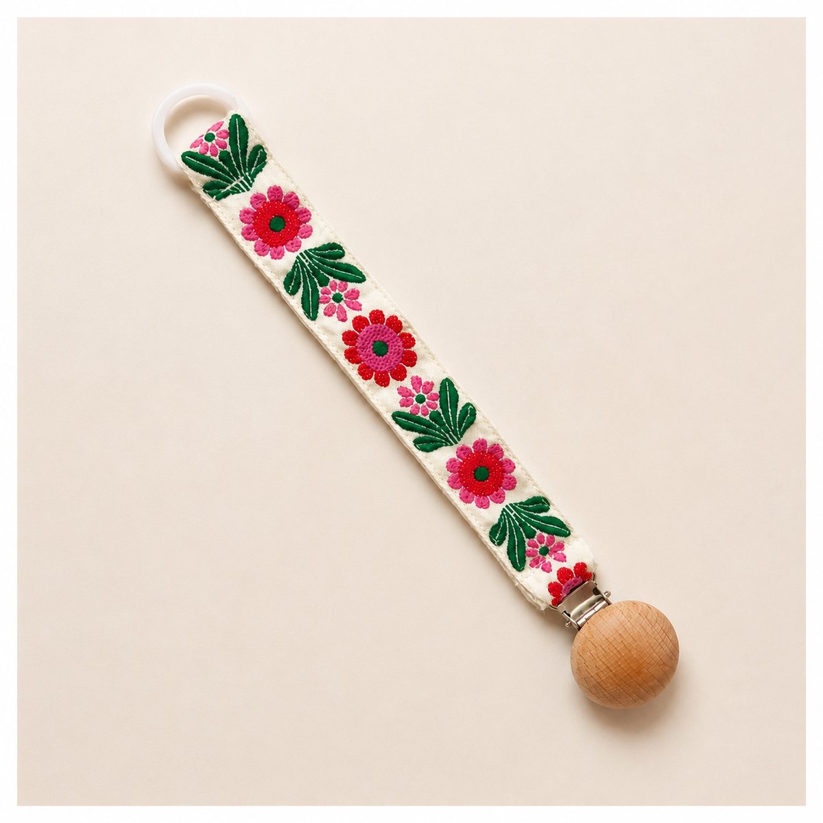 Stoffen Speenkoord Bloem Rose Rood | Katoenen Speenketting met Houten Clip | Fopspeenhouder Baby Meisje | Babyshower | Accessoires Baby | Speenkoord Meisje | Speenkoord Jongen | Kraamcadeau |