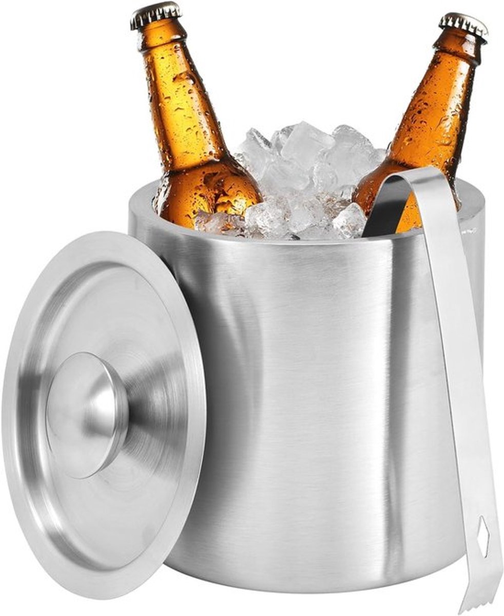RVS IJsmand met Deksel en Tang - Kleine Dubbelwandige IJskoeler voor Cocktails, Bier en Wijn - Ideaal voor Thuis, Feesten en Buitenactiviteiten