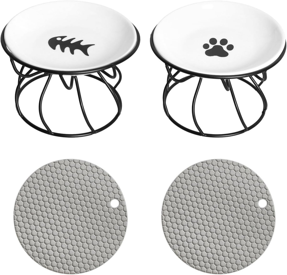 Set van 2 verhoogde keramische kattenkommen met metalen standaard en antislipmat voor comfortabel eten