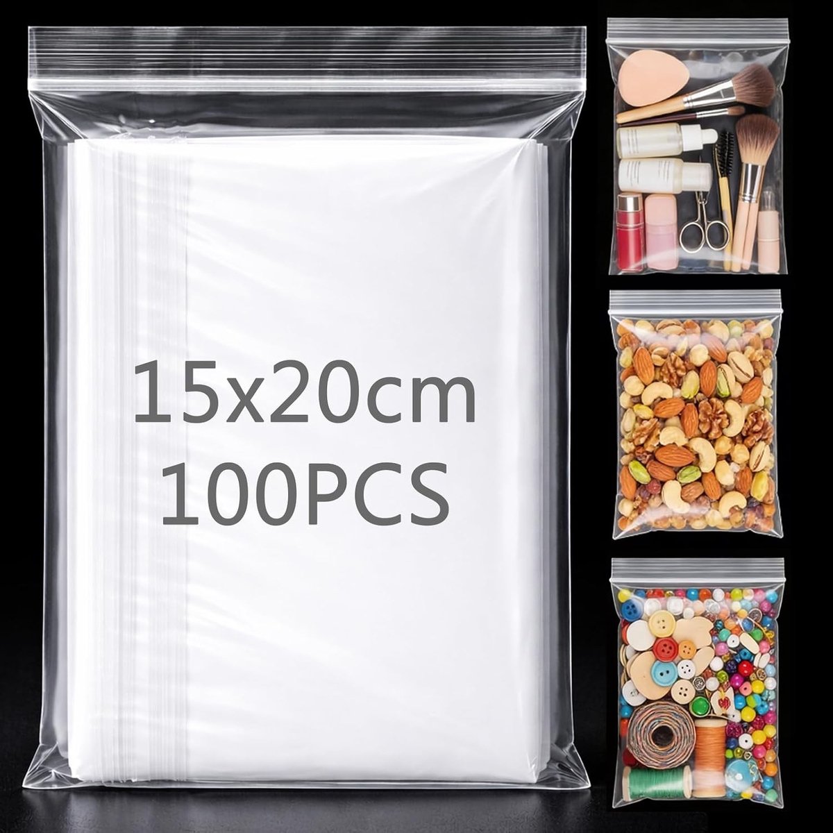 Hersluitbare transparante zakken met ritssluiting 100 x 15 x 20 cm | Plastic opbergzakken, knutselmaterialen, sieradenopslag, kantoorbenodigdheden, verpakking