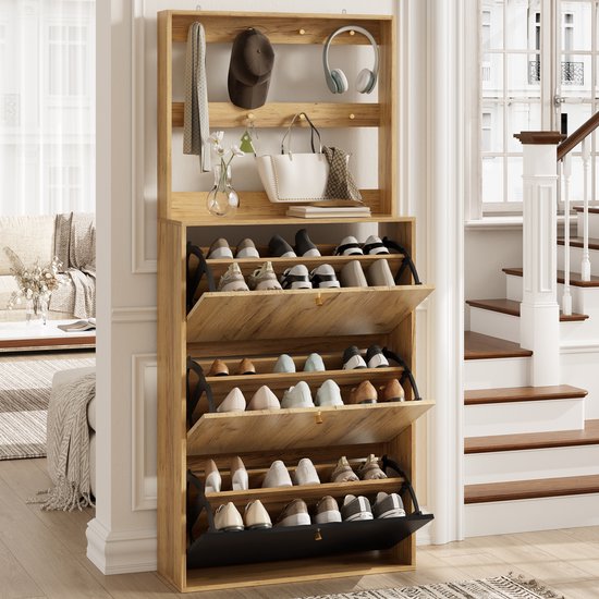 Moderne Schoenenkast Met Haken - 3 Klapbare Opbergvakken - Voor Hal En Gang - Houtkleur En Zwart - 75x24x180 Cm — afbeelding 5