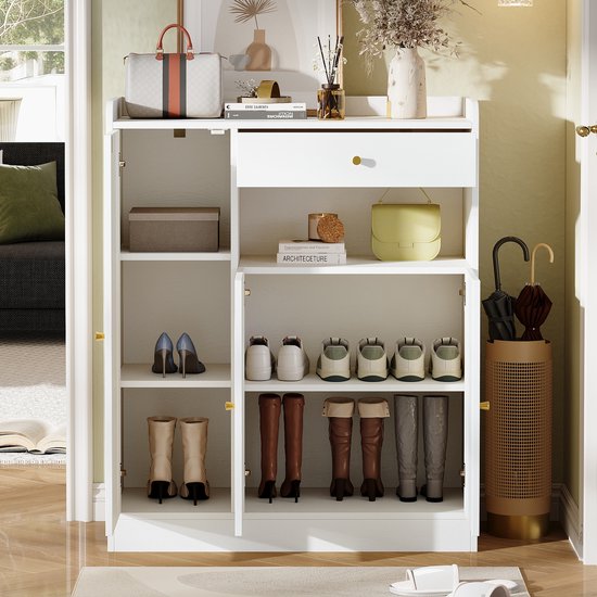 Schoenenkast Met Rotan Deuren En 1 Lade, 3 Deuren, Verstelbare Planken, Open Opbergruimte, Wit Natuurlijk, 90x35x110 Cm — afbeelding 3