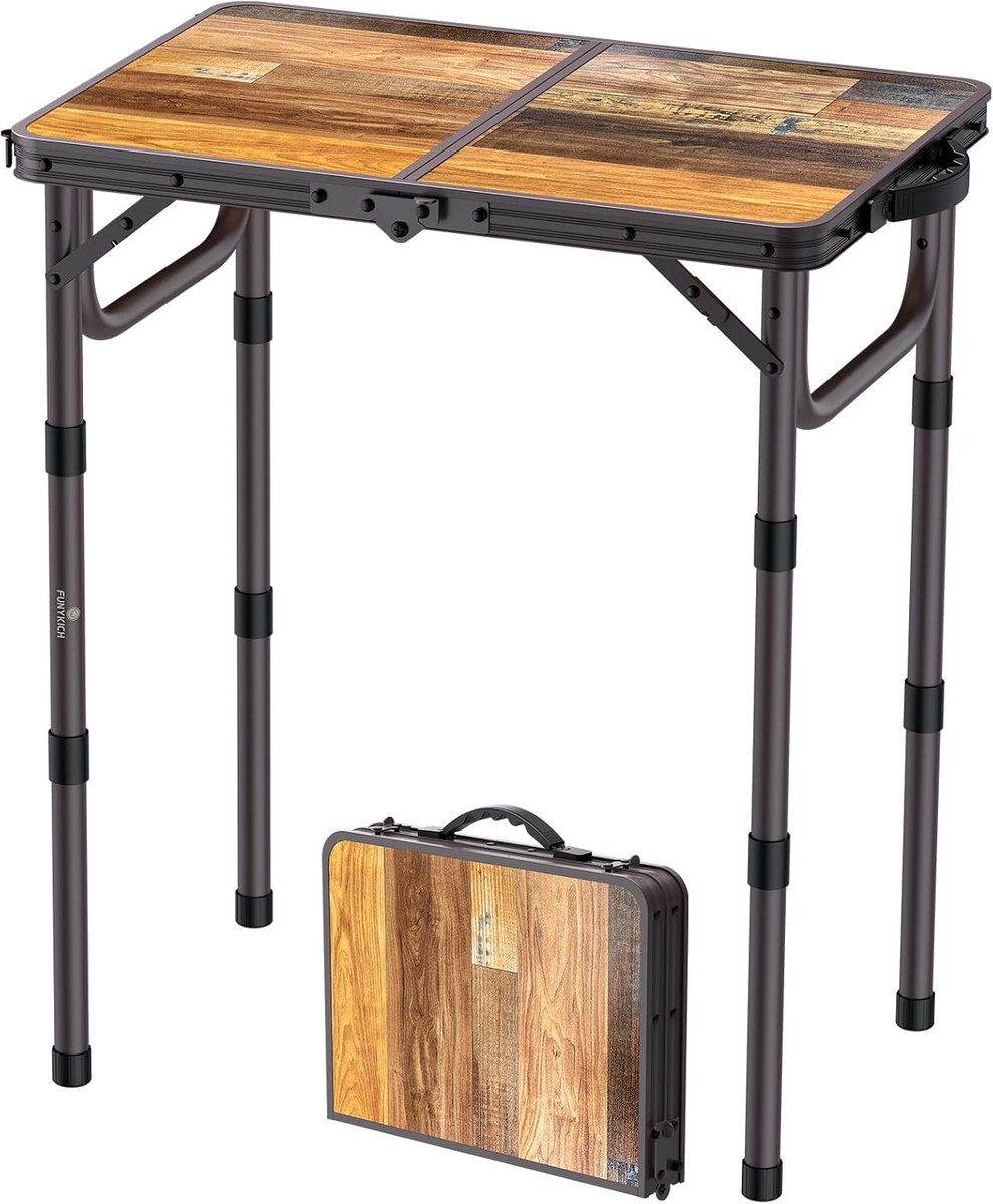 Klein Opvouwbaar Campingtafel met 3 Verstelbare Hoogtes, Lichtgewicht Aluminium Picknicktafel voor Buiten, Ideaal voor Kamperen, BBQ en Picknicks, 58 x 40 cm