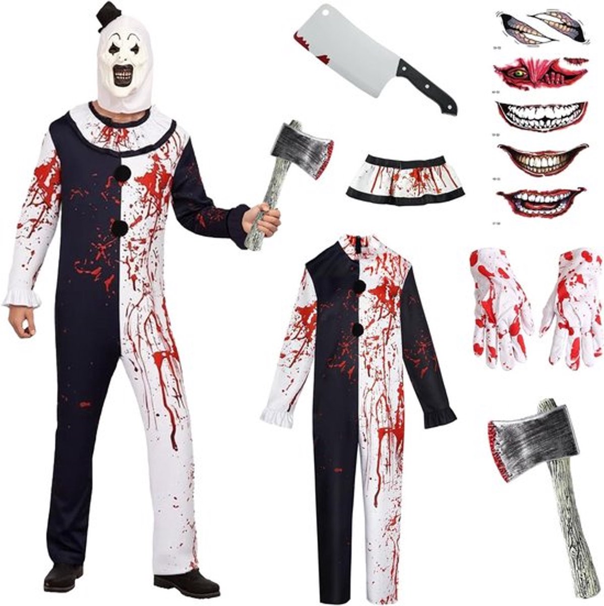 Griezelige clown kostuum voor Halloween, angstaanjagende decoratie en feestaccessoires