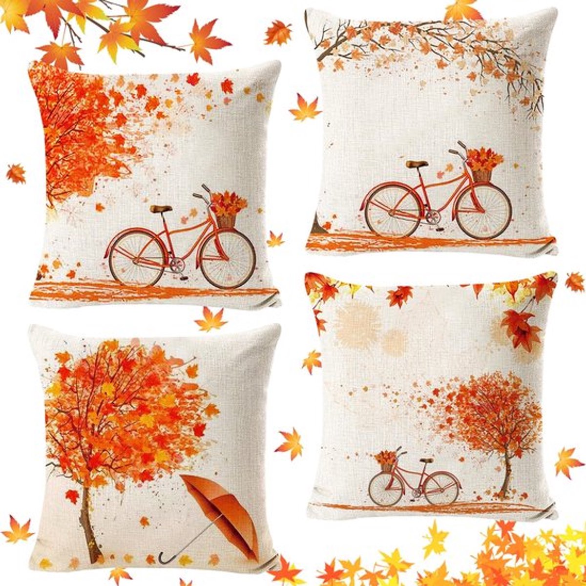 Kussenslopen 45x45 cm - Set van 4 - Decoratief Esdoornblad - Linnen - Herfstdecoratie - Onzichtbare Ritssluiting - Kussenhoes
