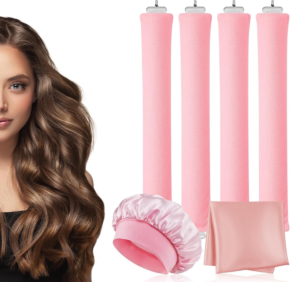 Set van 6 Heat Free Satijnen Curlers met Douchekap en Vierkante Sjaal voor Lang en Middellang Haar - Haarstyling Tools voor Vrouwen, Krullen en Volume