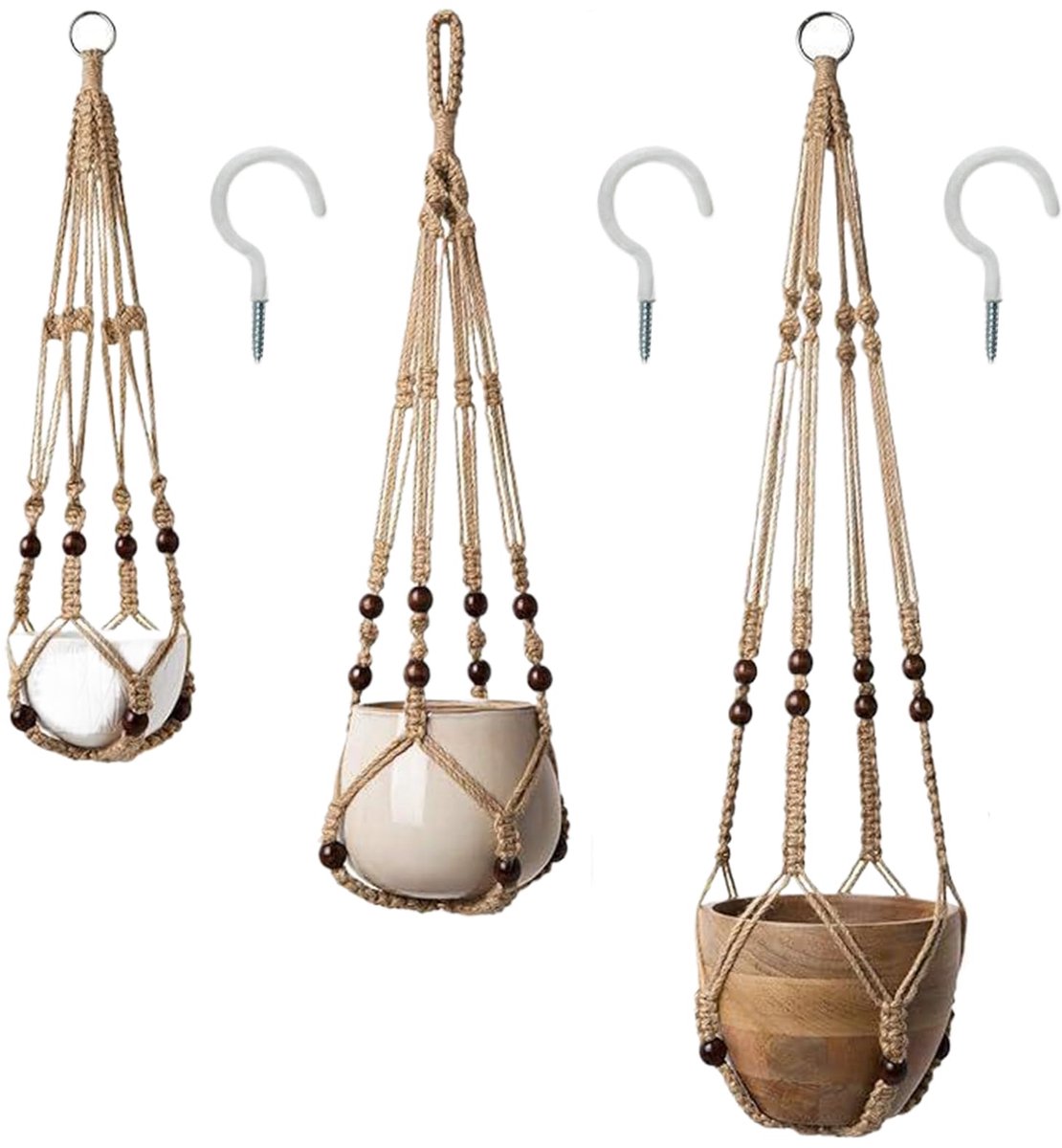 Famanu – Plantensteunen van macramé set van 3 handgeweven touwhouders, ideaal voor binnen en buiten, decoratief voor het ophangen van je favoriete planten