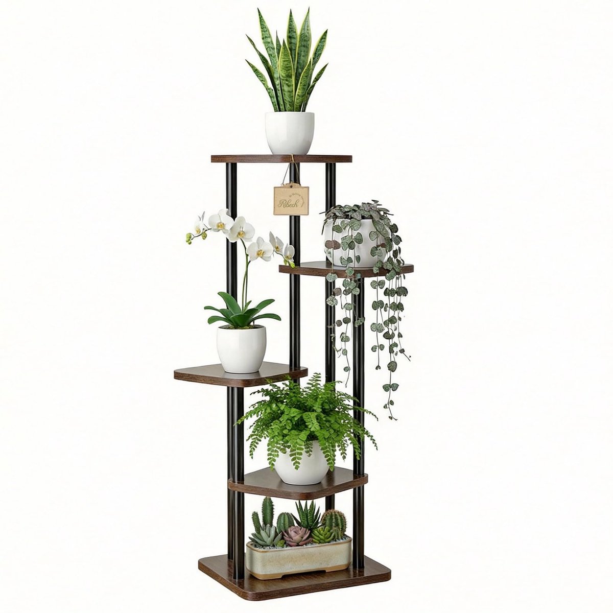 Famanu – Plantenstandaard voor binnen, 5 etages, metalen bloemenrek voor binnen en buiten, plantenhanger voor balkon en woonkamer, zwart, een praktische oplossing voor het tonen van uw planten in elke ruimte