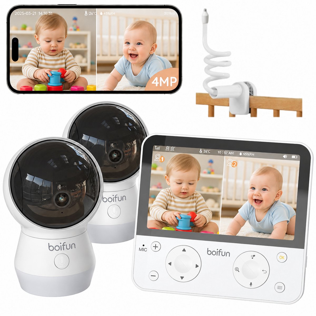 BOIFUN 4MP Babyfoon met Camera - 2,4/5 GHz WiFi - 5,5 Inch Scherm en App-bediening - Nachtzicht - 360° PTZ - Huil- en Bewegingsdetectie - Verstelbaar Nachtlampje - Inclusief Flexibele Houders