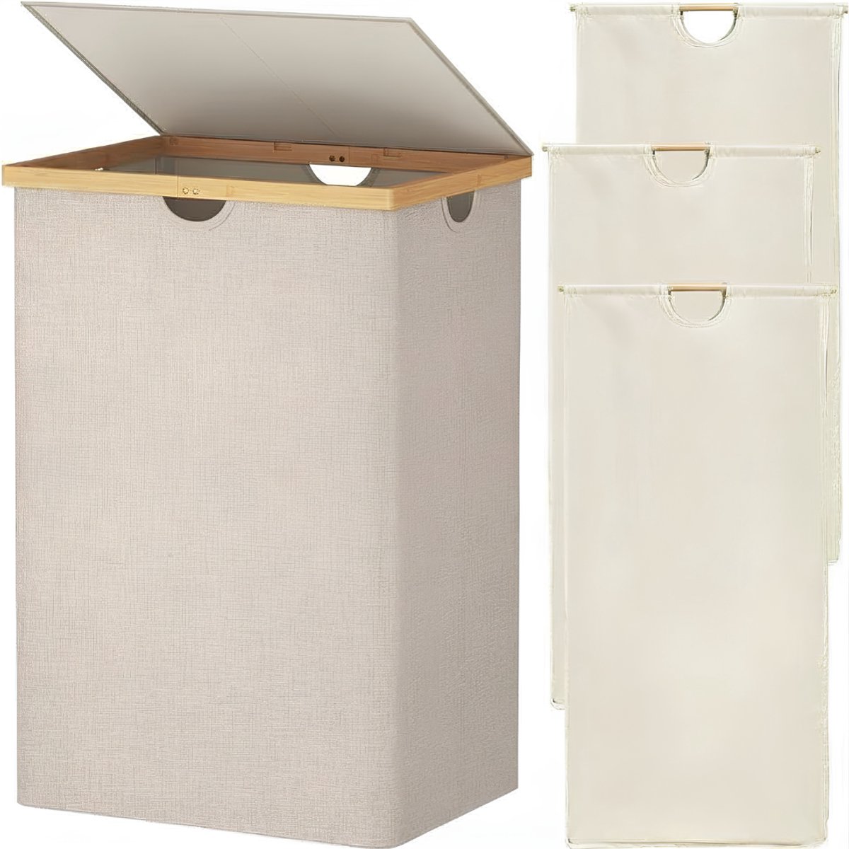 TYR® Wasmand - Wasmand Met Deksel - Wasmand 3 Vakken - Beige - 54cm x 40cm x 80cm